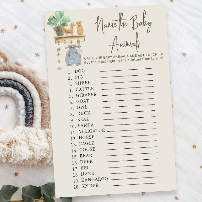 Lámina Baby Animals Prueba Boho juego de ducha de guarder (Name the Baby Animals Baby Shower game - from my Boho Baby Nursery Collection)