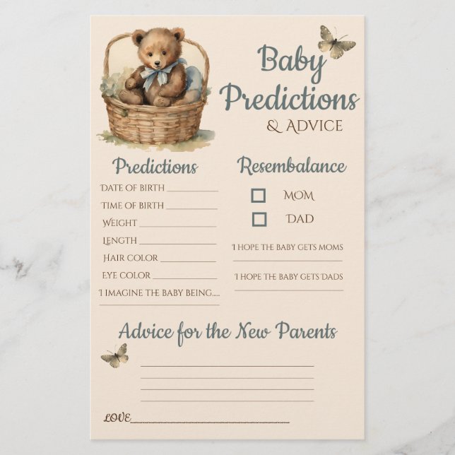 Lámina Baby Bear Boy Baby Predictions Card (Anverso)