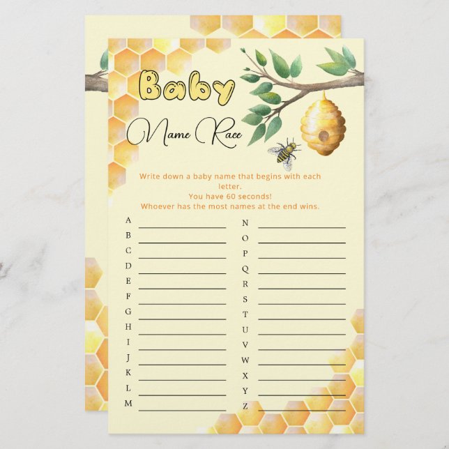Lámina Baby Bee Baby Shower Baby Name Race Game (Anverso / Reverso)