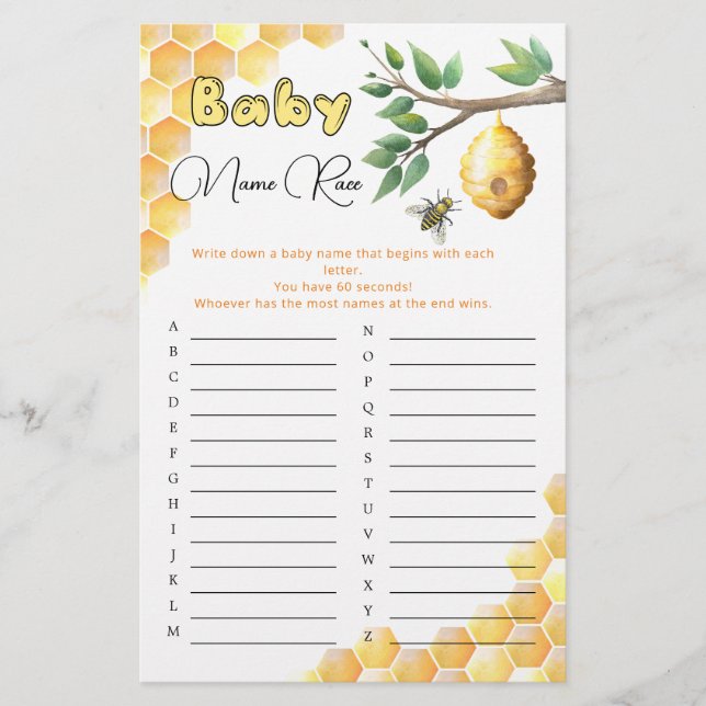 Lámina Baby Bee Baby Shower Baby Name Race Game (Anverso)