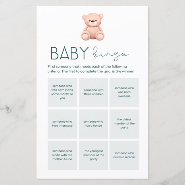 Lámina Baby Bingo | Juegos para Baby Shower de Niño (Anverso)