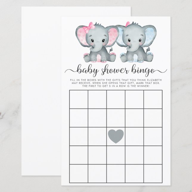 Lámina Baby Bingo Twin Chica Boy Elephant Shower Game (Anverso / Reverso)