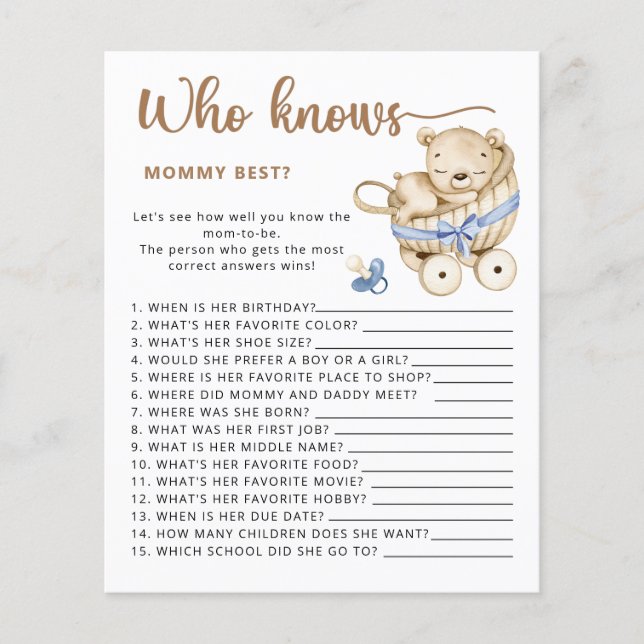 Lámina Baby Boy baby ducha adivinen cuántos osos de peluc (Anverso)