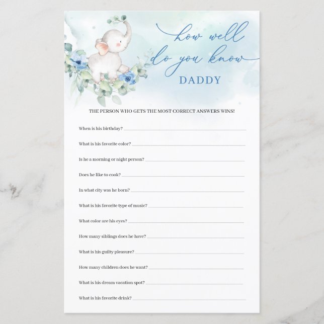 Lámina Baby Boy Elephant ¿Qué Tan Bien Conoce A Papá? (Anverso)