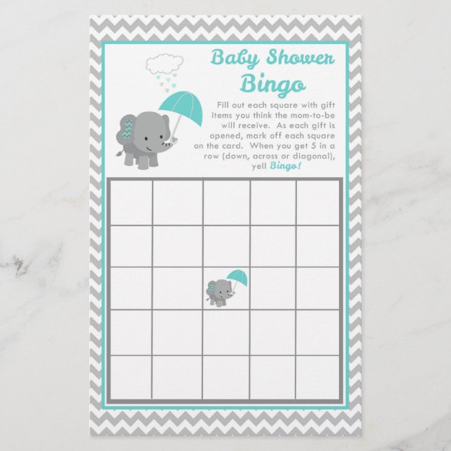 Lámina Baby Elephant Boy Baby Shower Game Bingo Card (Anverso)