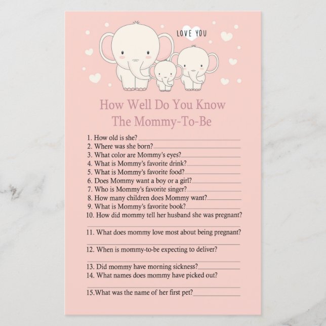 Lámina Baby Elephant ¿Qué tan bien conoces a baby showerg (Anverso)