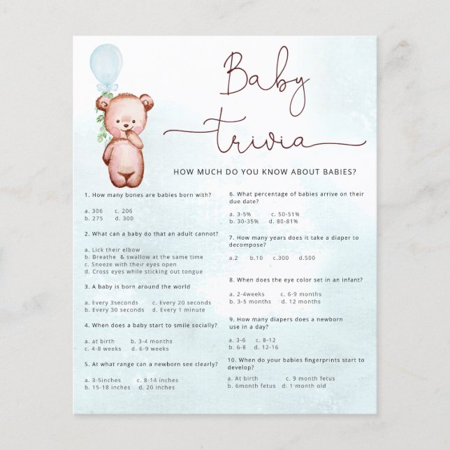Lámina Baby Facts Trivia Game Baby Shower Teddy Bear (Anverso)