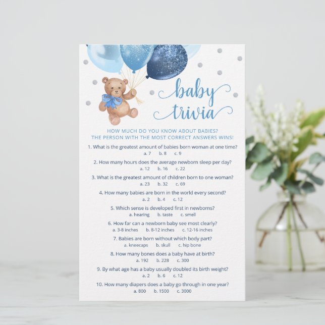 Lámina Baby Facts Trivia Game Baby Shower Teddy Bear (Anverso de pie)