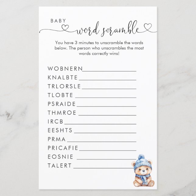 Lámina Baby It's Cold Fuera de Baby Shower Word Scramble (Anverso)