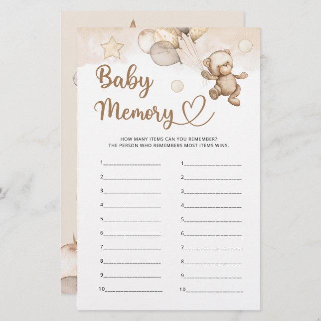 Lámina Baby Memory Bear Baby Shower (Anverso / Reverso)
