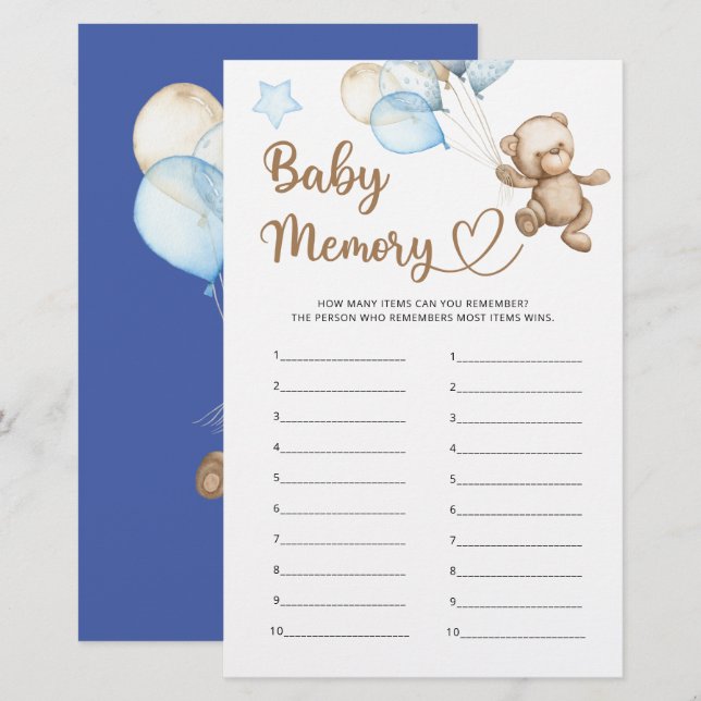 Lámina Baby Memory Teddy Bear Baby Shower (Anverso / Reverso)