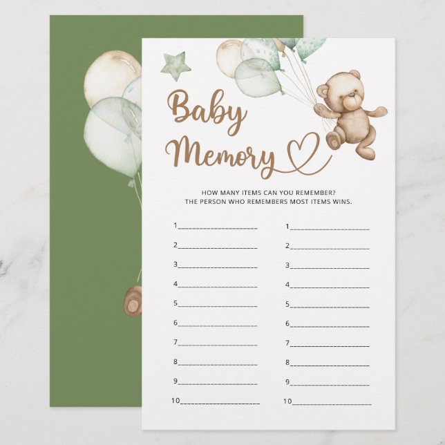Lámina Baby Memory Teddy Bear Baby Shower (Anverso / Reverso)
