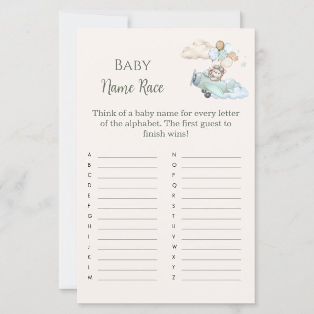 Lámina Baby Name Race Bearly Wait Airplane Boy Game (Anverso)