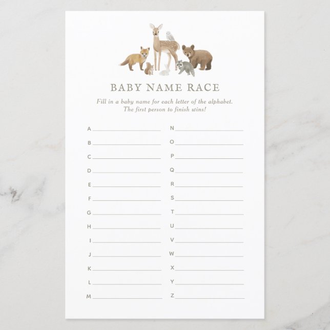 Lámina Baby Name Race Woodland Baby Shower Game (Anverso)