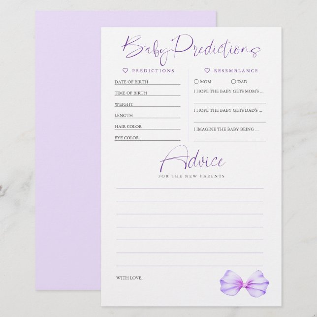 Lámina Baby Predictions Consejos sobre el juego de Baby S (Anverso / Reverso)