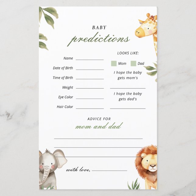 Lámina Baby Predictions Safari Animals Baby Shower Game (Anverso)