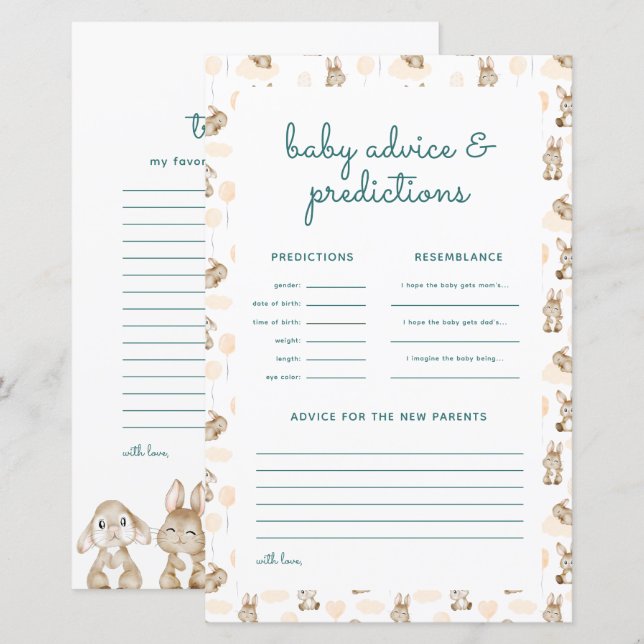 Lámina Baby Rabbit Baby Shower Predictions & Advice Card (Anverso / Reverso)