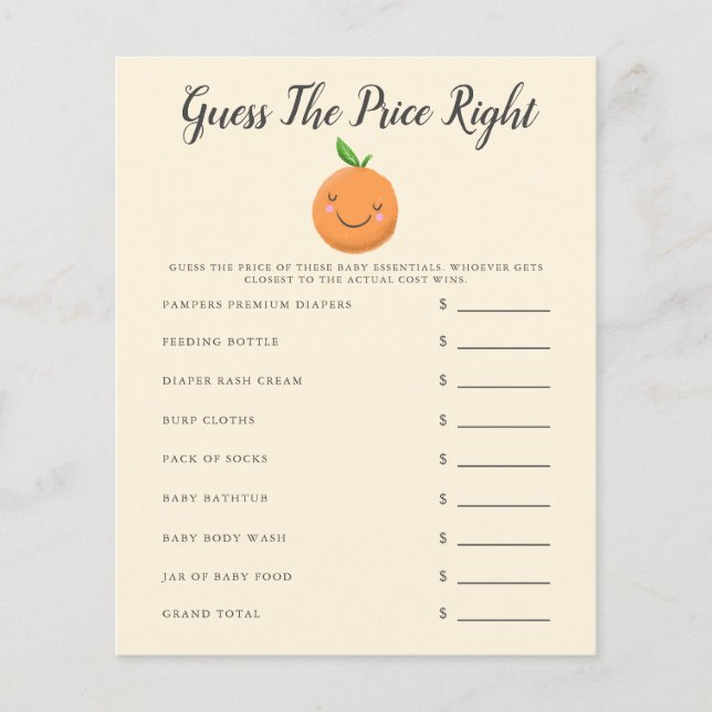 Lámina Baby Shower Amarillo Pequeño Adivina El Precio (Anverso)