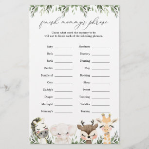 Lámina Baby Shower: Animales Safari terminan la frase de 