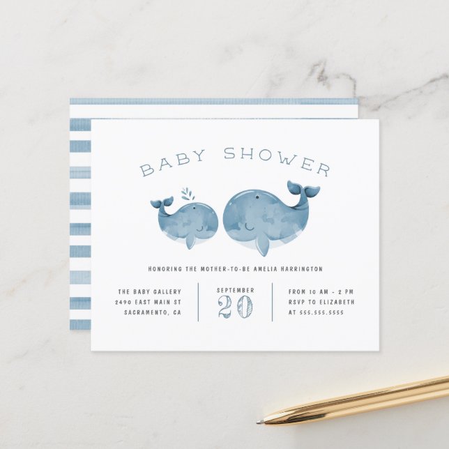 Lámina Baby Shower azul de Budget Watercolor Whale Boy (Anverso/Reverso In Situ)