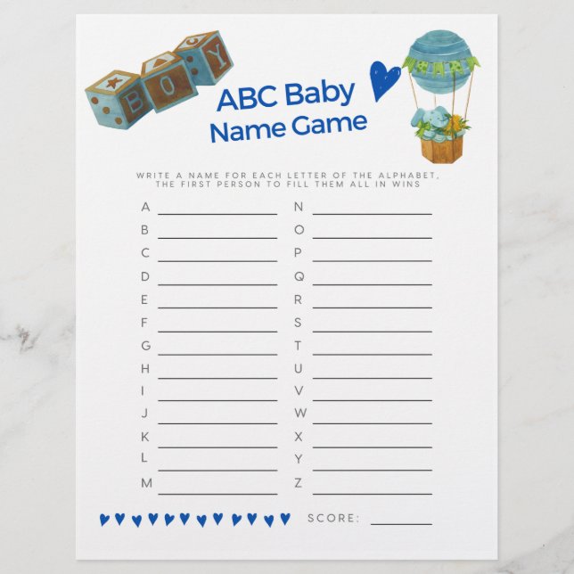 Lámina Baby Shower Baby Name Game Baby Boy Trendy Fun (Anverso)
