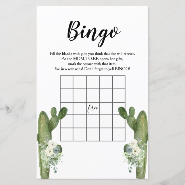 Lámina Baby Shower Bingo Cactus Floral Taco 'bout Love (Anverso)