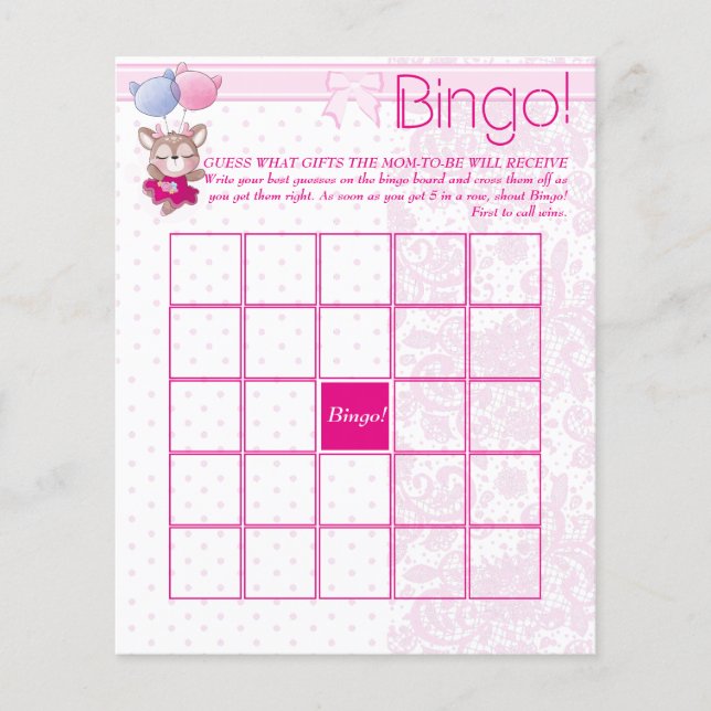 Lámina Baby Shower. Bingo de ciervo bebé rosado. (Anverso)