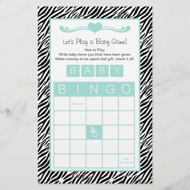 Lámina Baby Shower Bingo Game Moda Aqua Mint Zebra (Anverso)