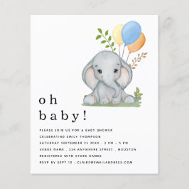 Lámina Baby Shower Budget Cute Elephant Blue Boy. Invitac