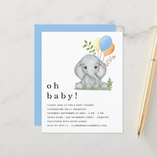 Lámina Baby Shower Budget Cute Elephant Blue Boy. Invitac