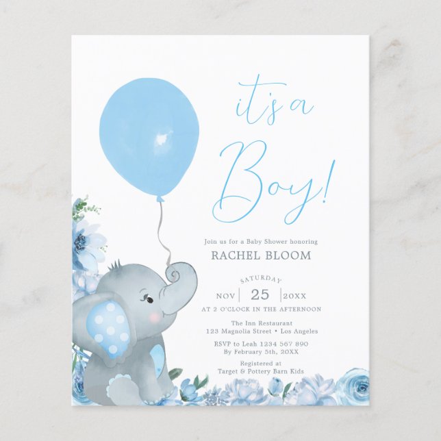 Lámina Baby Shower Budget Elegant Blue Elephant Boy (Anverso)