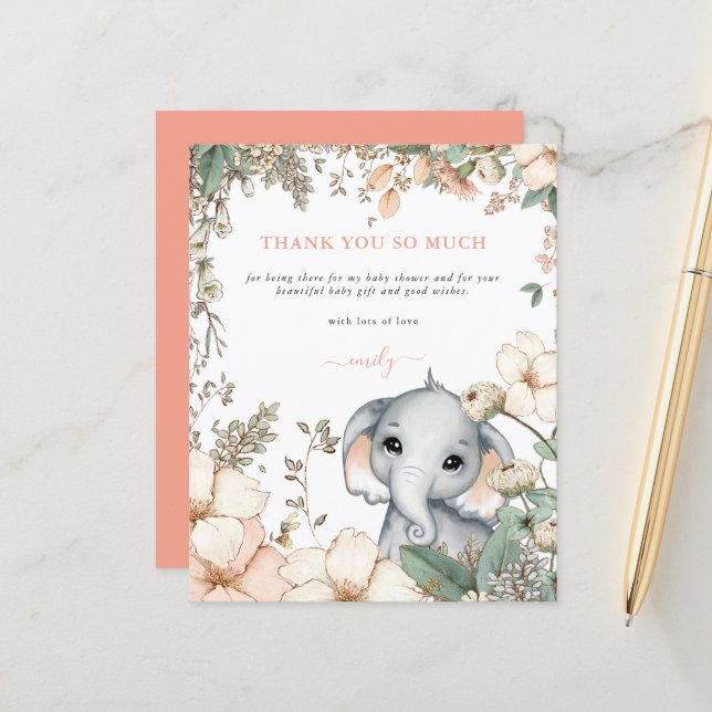 Lámina Baby Shower Budget Elephant Floral Coral Gracias (Anverso/Reverso In Situ)
