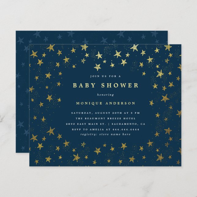 Lámina Baby Shower Budget Modern Midnight Blue Gold Stars (Anverso / Reverso)