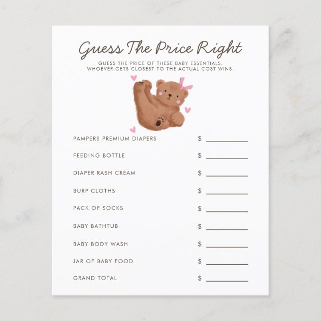 Lámina Baby Shower, Chica De Temas De Oso, Adivinó El Pre (Anverso)