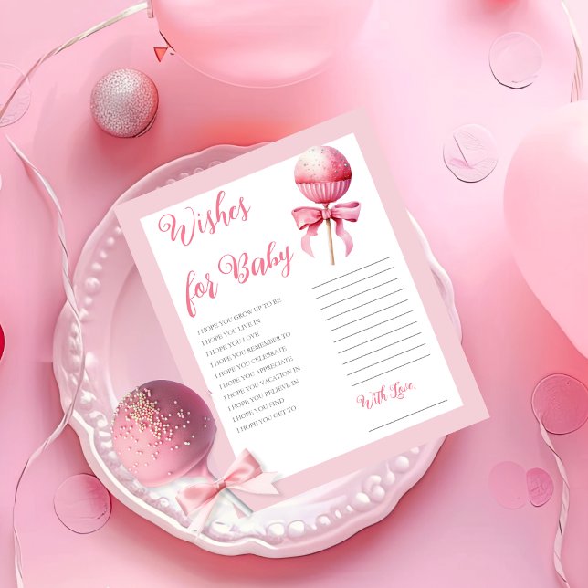 Lámina Baby Shower, Chica pop de pasteles rosados, desea  (Pink Cake Pop Girl Baby Shower Wishes for Baby Card -- Pink Candy Frame Collection)