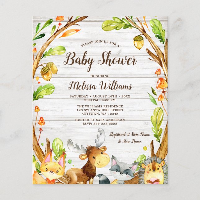 Lámina Baby Shower de animales de bosque rústico de presu (Anverso)