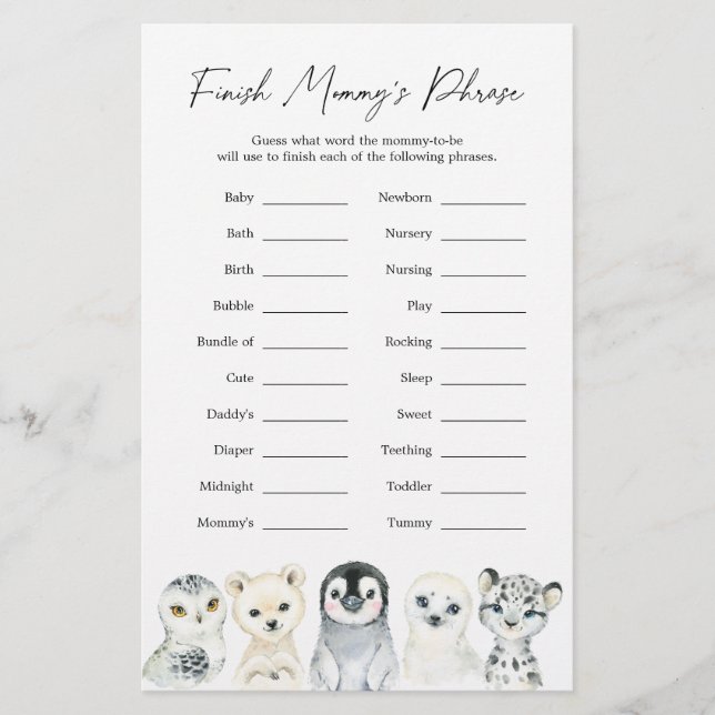 Lámina Baby Shower de animales del Ártico terminan la fra (Anverso)