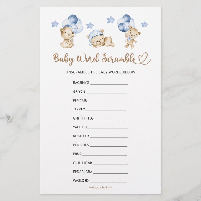 Lámina Baby Shower de Baby Word Scramble Bear Boy (Anverso)