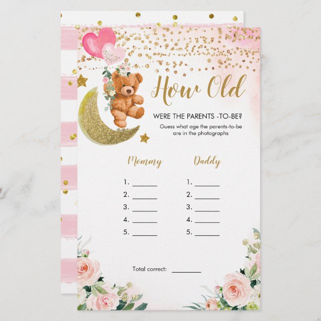 Lámina Baby Shower de Bearly Rosa ¿Qué edad tenían los pa (Anverso / Reverso)