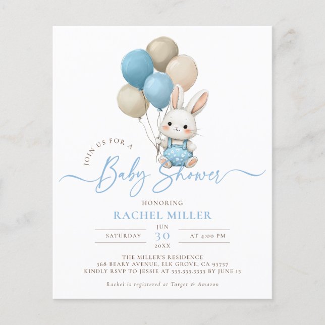 Lámina Baby Shower de Budget Bunny Rabbit Balloons Blue B (Anverso)