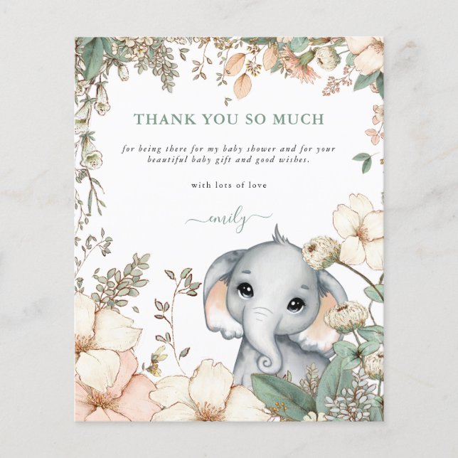 Lámina Baby Shower de Budget Elephant Floral Sage Gracias (Anverso)