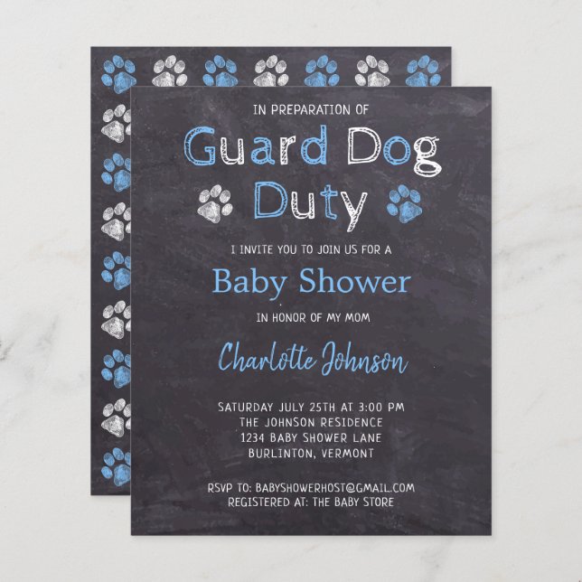 Lámina Baby Shower de Budget Guard Dog Duty Blue Boy (Anverso / Reverso)