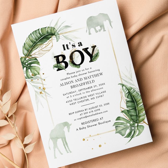 Lámina Baby Shower de Budget Safari Elephant Giraffe Boy (Jungle Safari Boy Baby Shower Invitation)