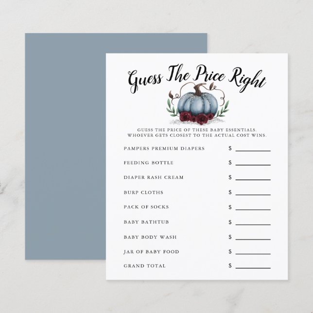 Lámina Baby Shower De Calabaza Azul Adivina El Precio (Anverso / Reverso)