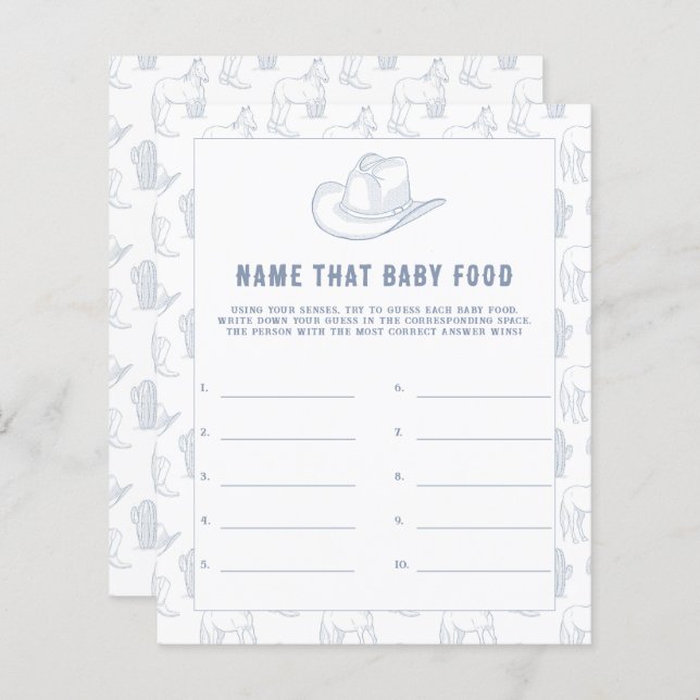 Lámina Baby Shower de Cowboy - Nombra ese alimento para b (Anverso / Reverso)