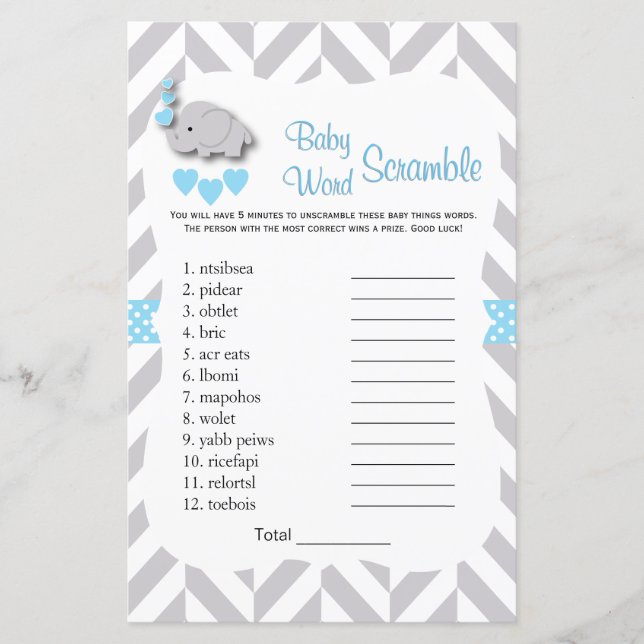 Lámina Baby Shower de elefante azul y gris dulce - Juego  (Anverso)