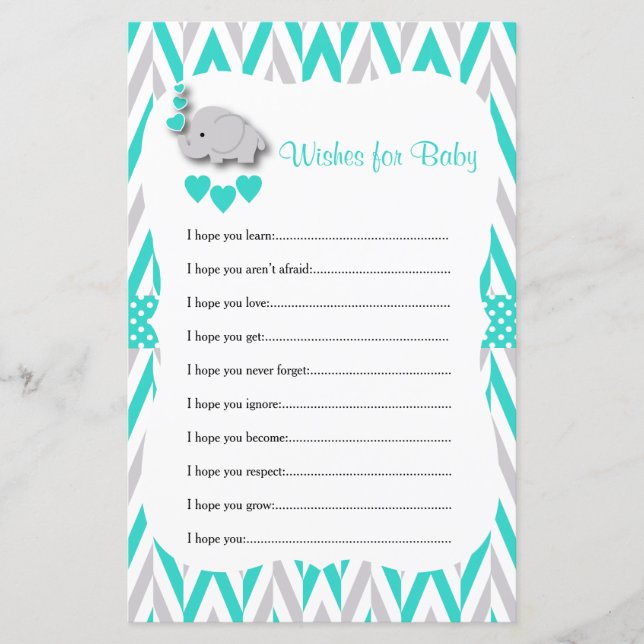 Lámina Baby Shower de Elefante Turquesa y Gris - Deseos (Anverso)