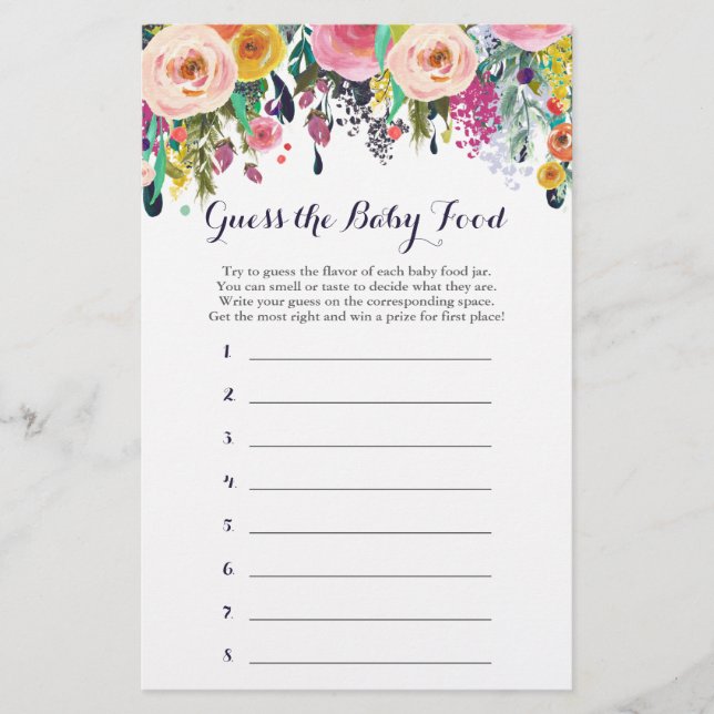 Lámina Baby Shower de flores adivina el juego de la comid (Anverso)