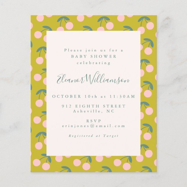 Lámina Baby Shower de frutas de cerezo verde rosado (Anverso)