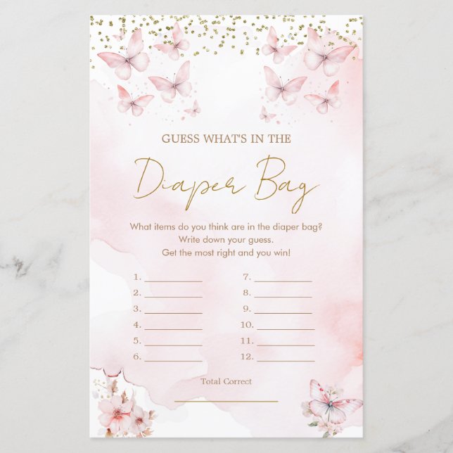 Lámina Baby Shower de mariposa rosada en bolsa de pañales (Anverso)